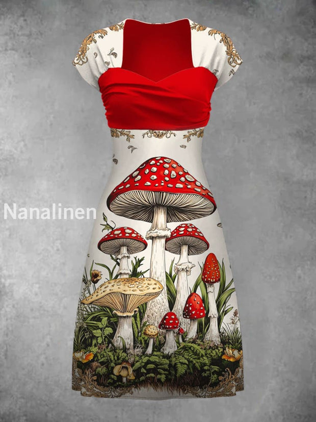 Retro Mushroom Art Print Elegant And Chic Short-Sleeved Dress A / S