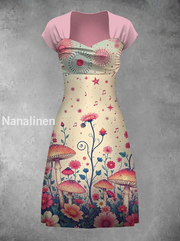 Retro Mushroom Art Print Elegant And Chic Short-Sleeved Dress A / S