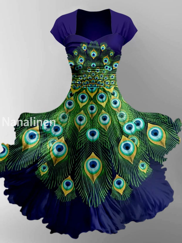 Retro Peacock Plummage Art Printed Vintage V-Neck Pleated Waist Short Sleeve Midi Dress A / S