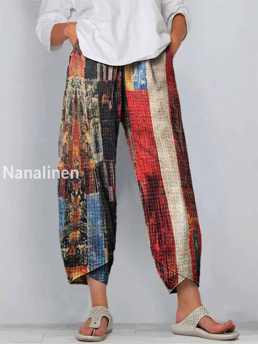 Retro Print Art Cropped Casual Cotton Pants Colorful / S