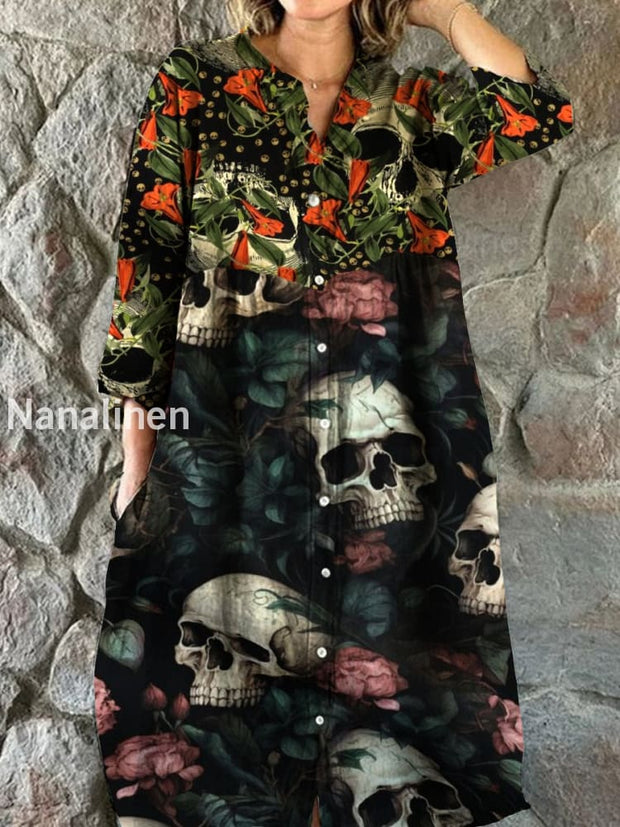 Retro Punk Art Print Chic V-Neck Three-Quarter Sleeve Button Elegant Midi Dress A / S