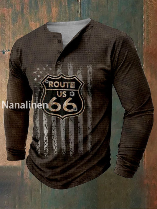 Retro Route 66 Texture Pattern Printed Western V-Neck Henley Long Sleeved Shirt A / S