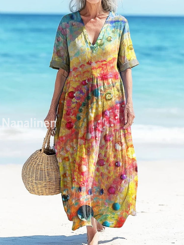 Retro Spring Boho Floral Print Vintage Chic V-Neck Button Up Long Sleeve Midi Dress A / S