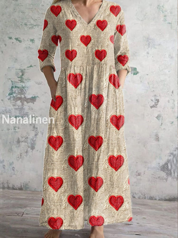 Retro Valentine’s Day Heart Art Illustration Print V-Neck Midi Dress As picture / S