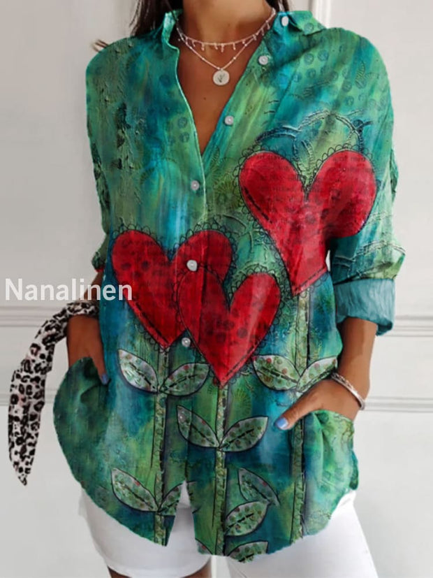 Retro Valentine’s Day Illustration Printed Long Sleeve Shirt Top As picture / S