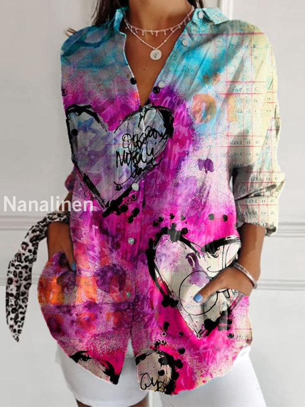 Retro Valentine’s Day Illustration Printed Long Sleeve Shirt Top As picture / S