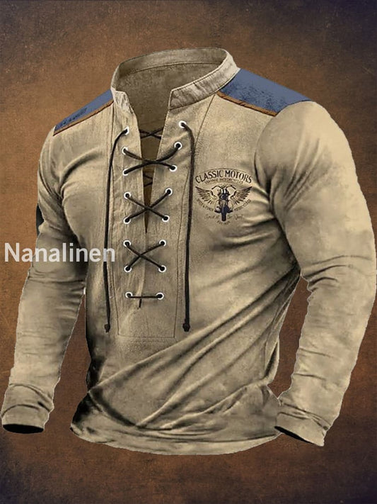 Retro Western Highway Texture Pattern Printed Village V-Neck Henry Style Long Sleeved Shirt A / S