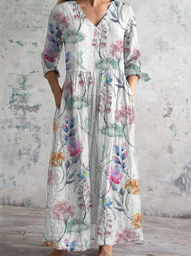 Women's Fashion Elegant Artistic Floral Print V-Neck Three Quarter Sleeves Long Dress