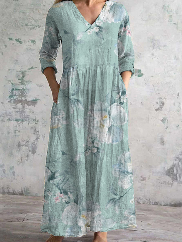 Women's Fashion Elegant Artistic Floral Print V-Neck Three Quarter Sleeves Long Dress