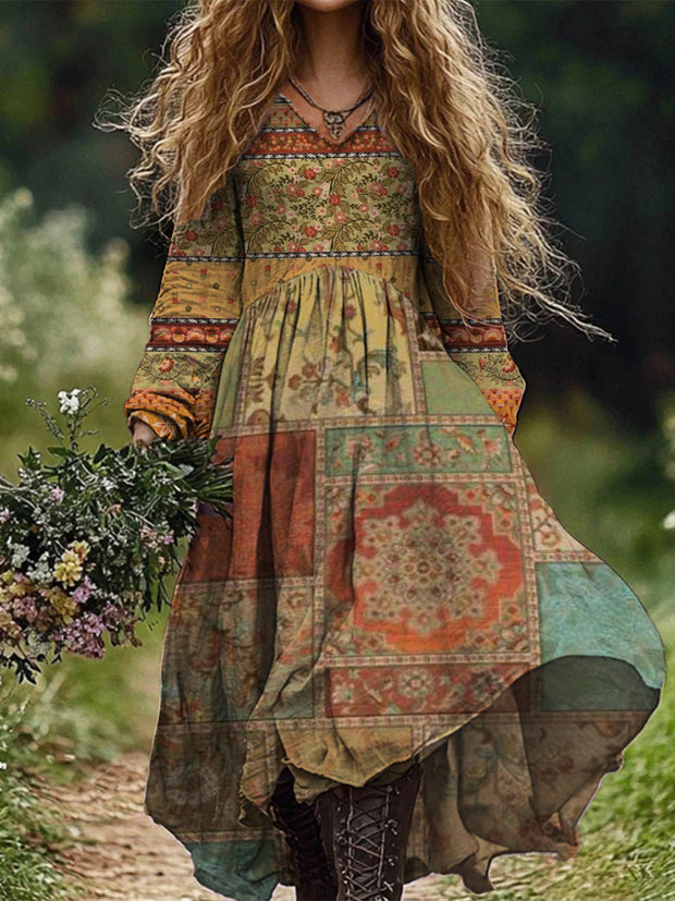 Retro Boho Floral Art Print Vintage Chic V-Neck Long Sleeve Midi Dress