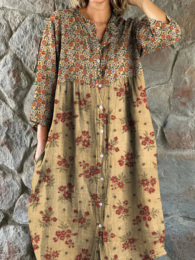 Retro Floral Art Print Vintage Chic V-Neck Button Up Long Sleeve Midi Dress