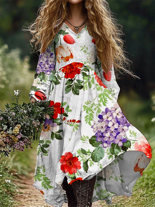 Vintage Floral Art Print V-neck Elegant Chic Loose Long Sleeve Midi Dress