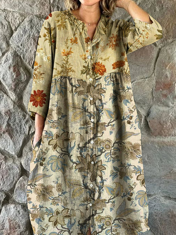 Vintage Floral Art Print Chic V-neck Three Quarter Sleeve Button Elegant Midi Dress