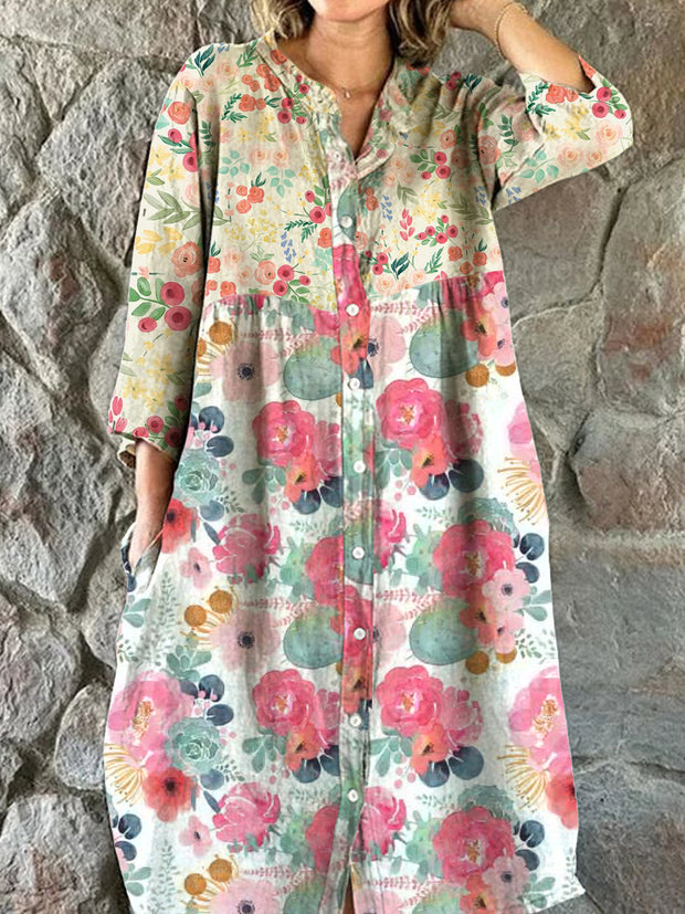 Women's Fashion Art Floral Print V-Neck Three-Quarter Sleeve Button Midi Dress