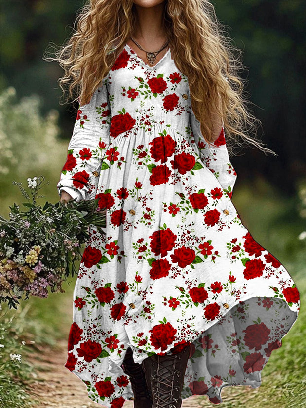 Vintage Floral Art Print V-neck Elegant Chic Loose Long Sleeve Midi Dress