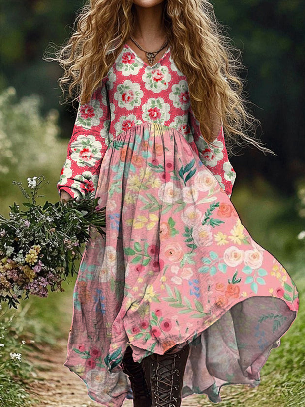 Women's Fashion Art Floral Print V-Neck Long Sleeve Long Dress