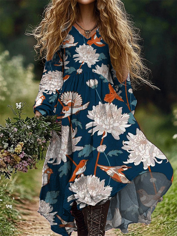 Ladies Fashion Elegant Art Floral Print V-Neck Long Sleeve Long Dress