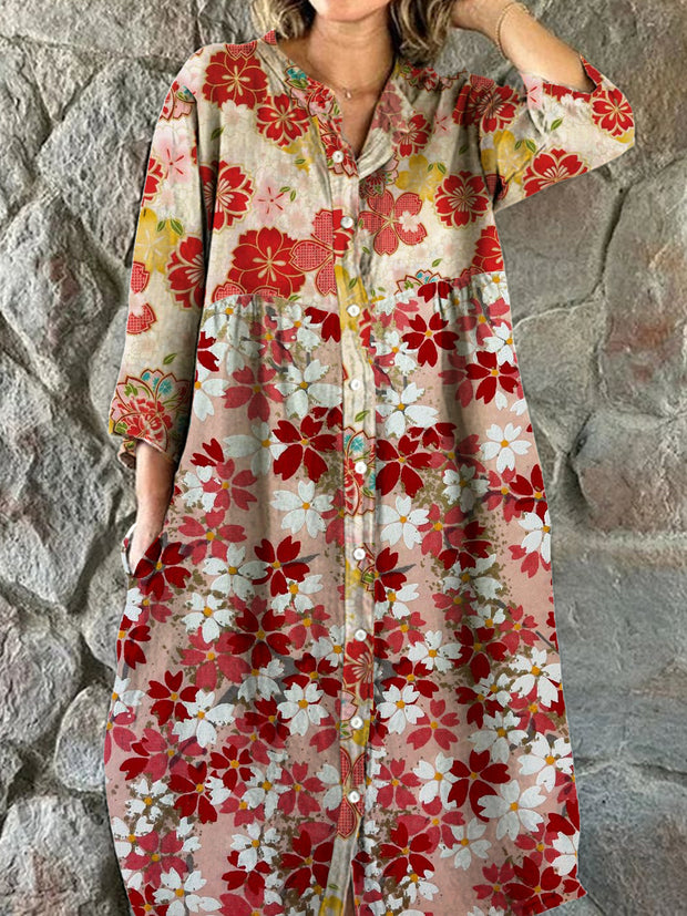 Ladies Fashion Elegant Art Floral Print V-Neck Three-Quarter Sleeve Button Midi Dres