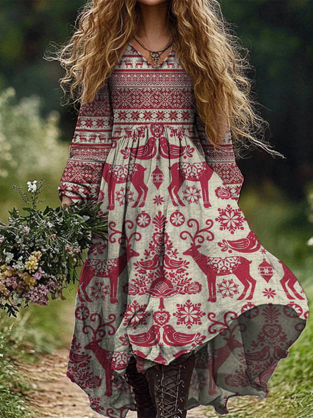 Retro Boho Floral Art Print Vintage Chic V-Neck Long Sleeve Midi Dress