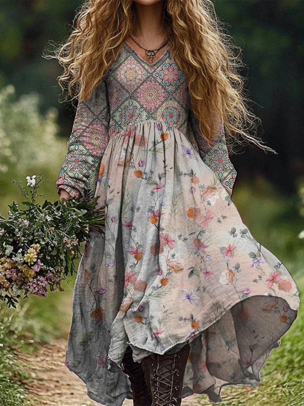 Retro Boho Floral Art Print Vintage Chic V-Neck Long Sleeve Midi Dress