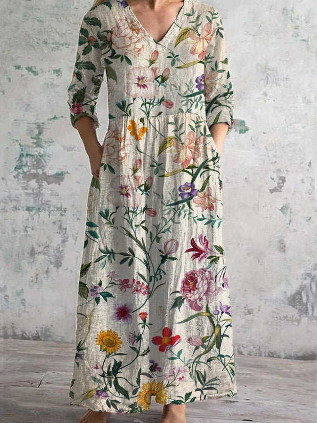 Vintage Floral Art Print Chic V Neck Three Quarter Sleeve Elegant Midi Dress