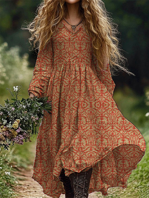 Vintage Floral Art Print V-Neck Elegant Chic Loose Long-Sleeved Midi Dress