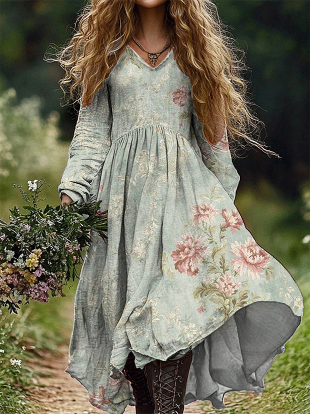 Women's Fashion Elegant Art Floral Print V-Neck Long Sleeve Long Dress