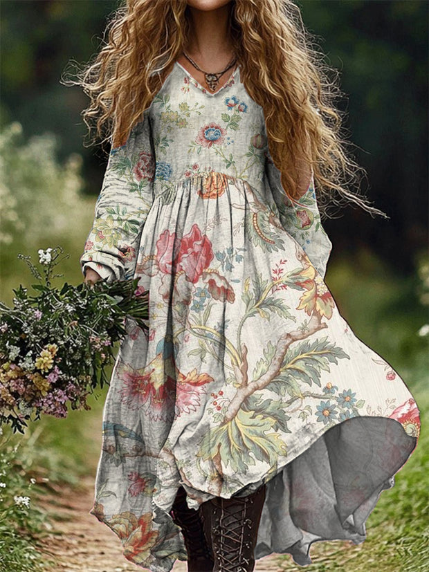 Women's Fashion Elegant Art Floral Print V-Neck Long Sleeve Long Dress