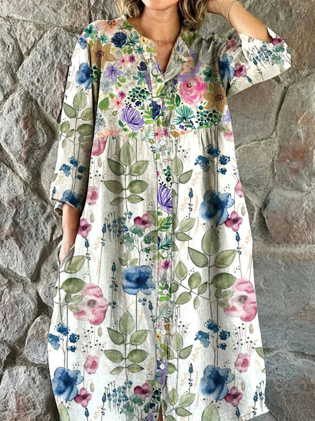 Women's Fashion Elegant Art Floral Print V-Neck Three-Quarter Sleeve Button Midi Dress