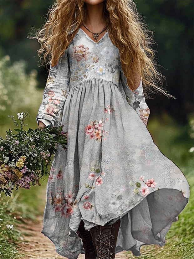 Women's Fashion Elegant Art Floral Print V-Neck Long Sleeve Long Dress