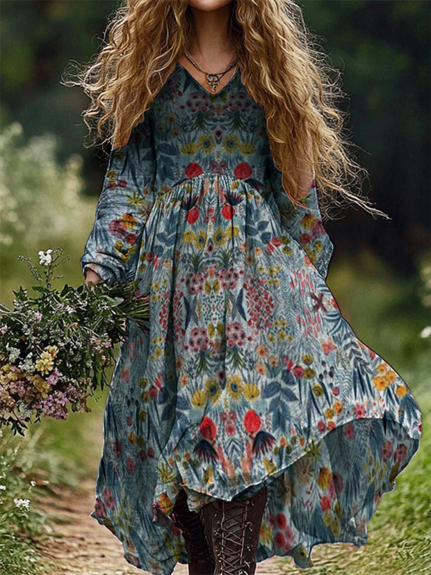 Vintage Floral Art Print V-Neck Elegant Chic Loose Long-Sleeved Midi Dress