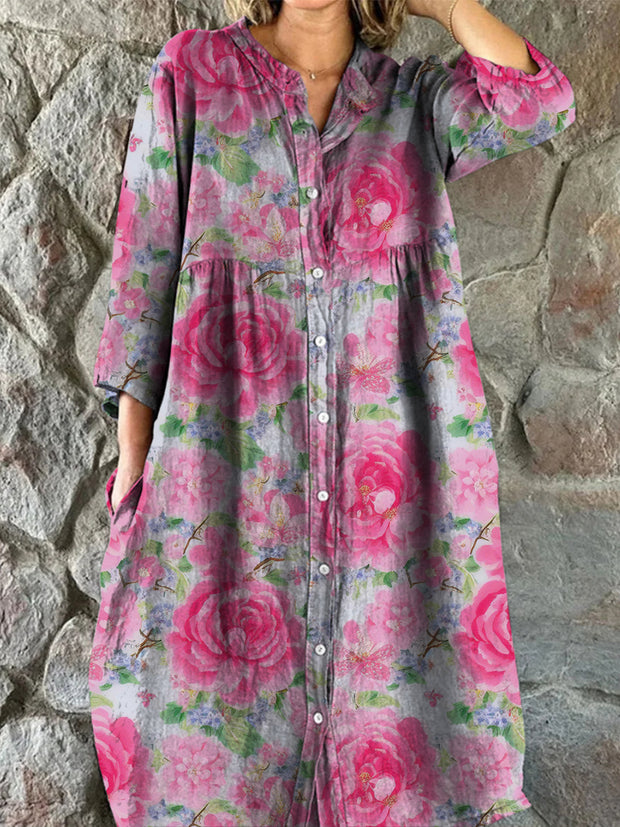 Retro Boho Floral Art Print Vintage Chic V-Neck Button Up Long Sleeve Midi Dress