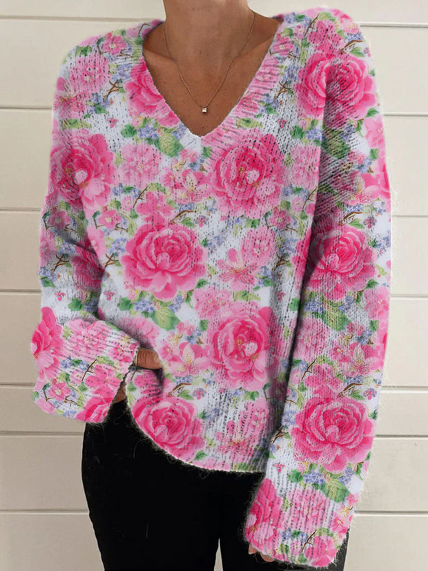 Elegant Retro Floral Print Vintage Chic V-Neck Long Sleeve Thick Knit Sweater