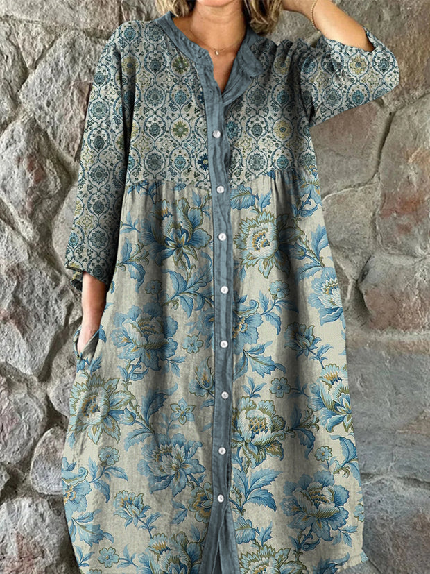 Retro Boho Floral Art Print Vintage Chic V-Neck Button Up Long Sleeve Midi Dress