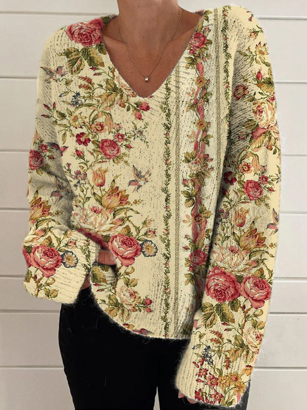 Elegant Retro Floral Print Vintage Chic V-Neck Long Sleeve Thick Knit Sweater