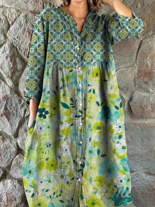 Retro Boho Floral Art Print Vintage Chic V-Neck Button Up Long Sleeve Midi Dress