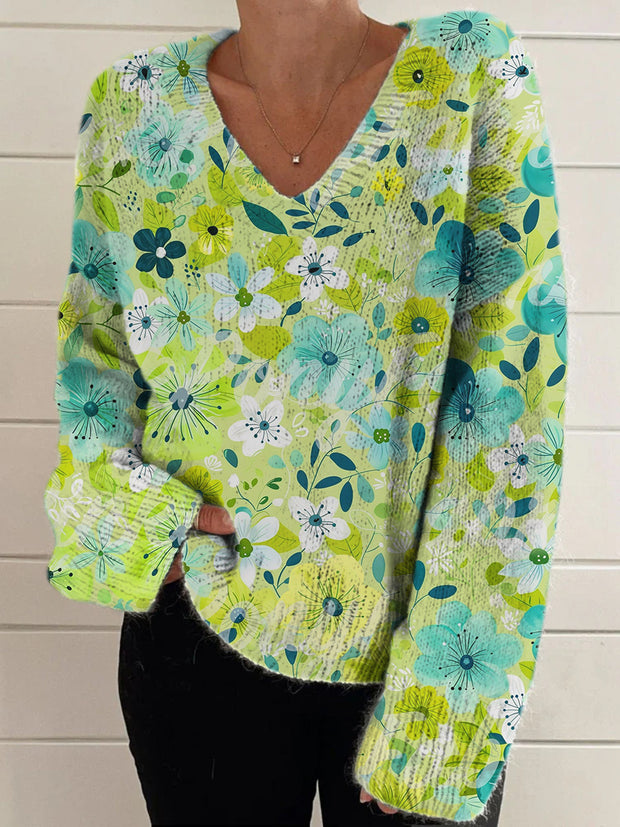 Elegant Retro Floral Print Vintage Chic V-Neck Long Sleeve Thick Knit Sweater