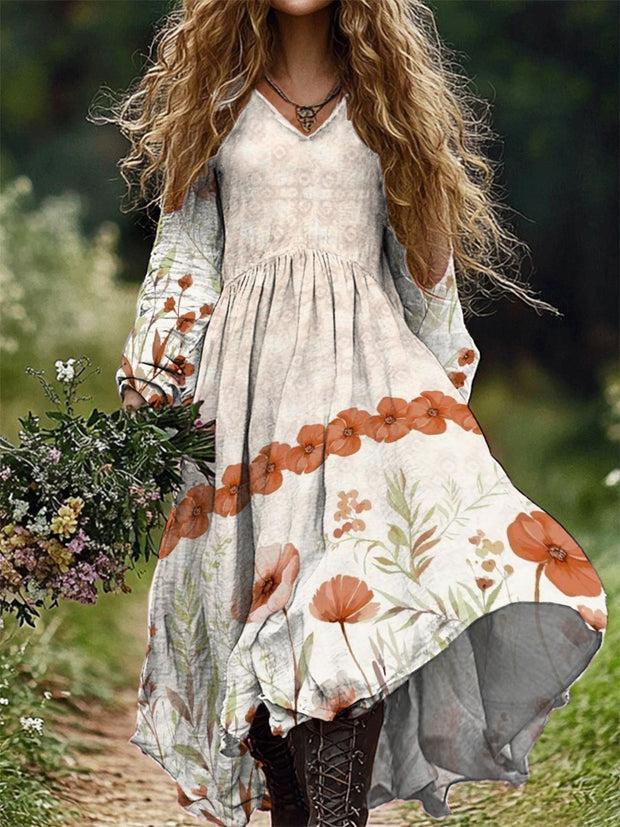 Women's Fashion Elegant Art Floral Print V-Neck Long Sleeve Long Dress