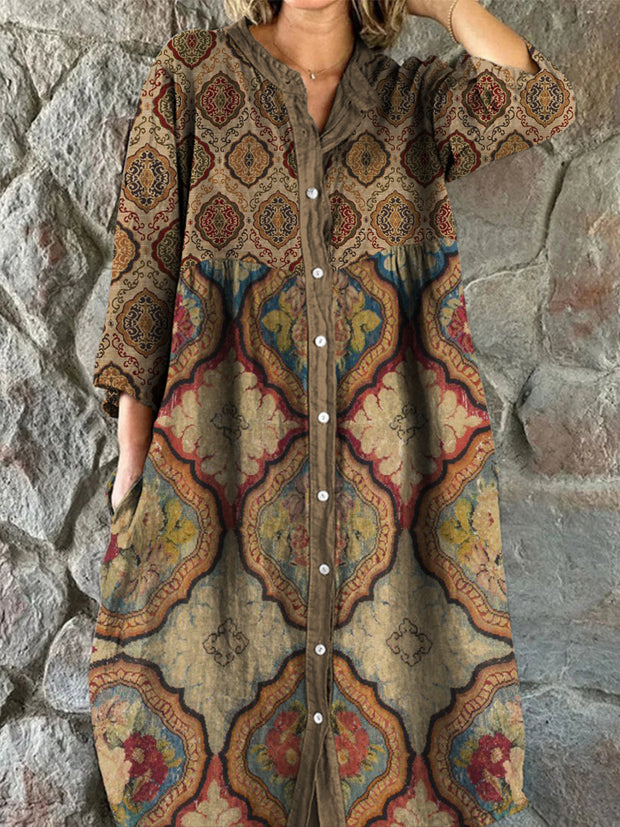 Retro Boho Floral Art Print Vintage Chic V-Neck Button Up Long Sleeve Midi Dress