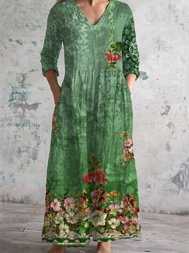 Vintage Floral Art Print Chic V Neck Three Quarter Sleeves Elegant Midi Dress