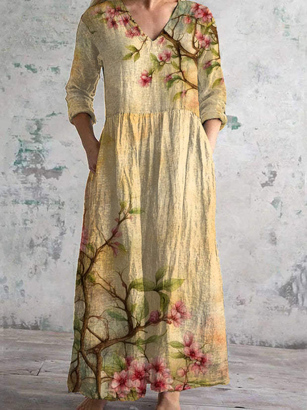 Vintage Floral Art Print Chic V Neck Three Quarter Sleeves Elegant Midi Dress