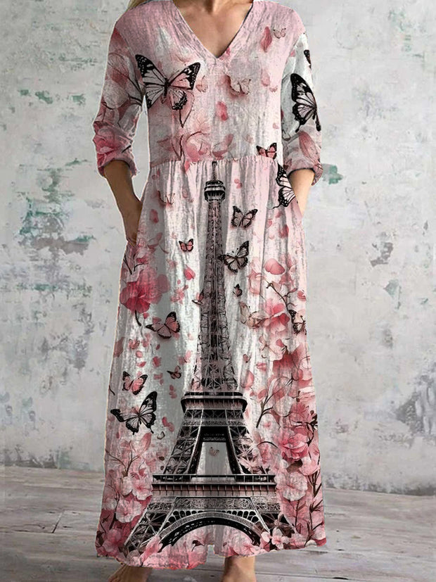 Vintage Floral Art Print Chic V Neck Three Quarter Sleeves Elegant Midi Dress