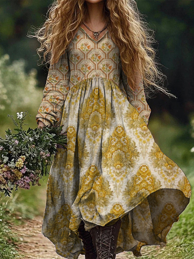 Retro Boho Floral Art Print Vintage Chic V-Neck Long Sleeve Midi Dress