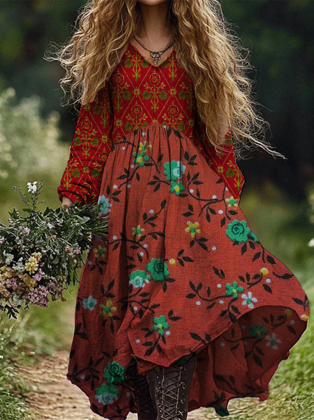 Retro Boho Floral Art Print Vintage Chic V-Neck Long Sleeve Midi Dress