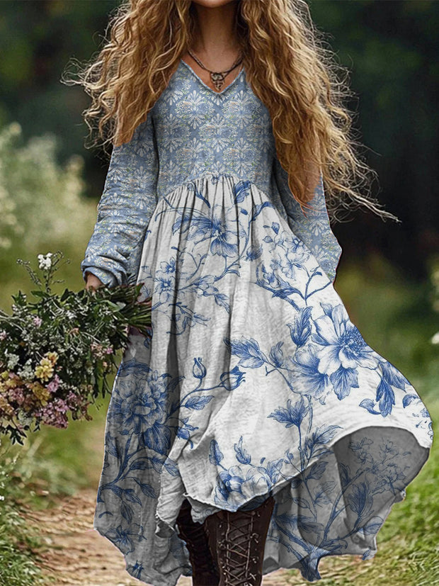 Retro Boho Floral Art Print Vintage Chic V-Neck Long Sleeve Midi Dress