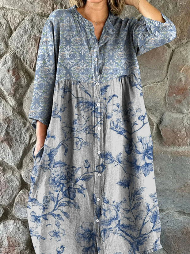 Retro Boho Floral Art Print Vintage Chic V-Neck Button Up Long Sleeve Midi Dress