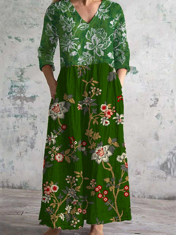 Vintage Floral Art Print Chic V Neck Three Quarter Sleeves Elegant Midi Dress