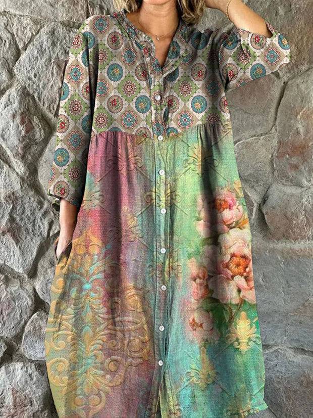 Retro Boho Floral Art Print Vintage Chic V-Neck Button Up Long Sleeve Midi Dress