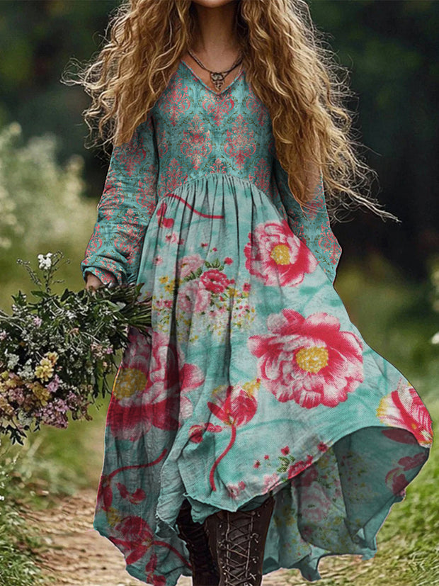 Retro Boho Floral Art Print Vintage Chic V-Neck Long Sleeve Midi Dress