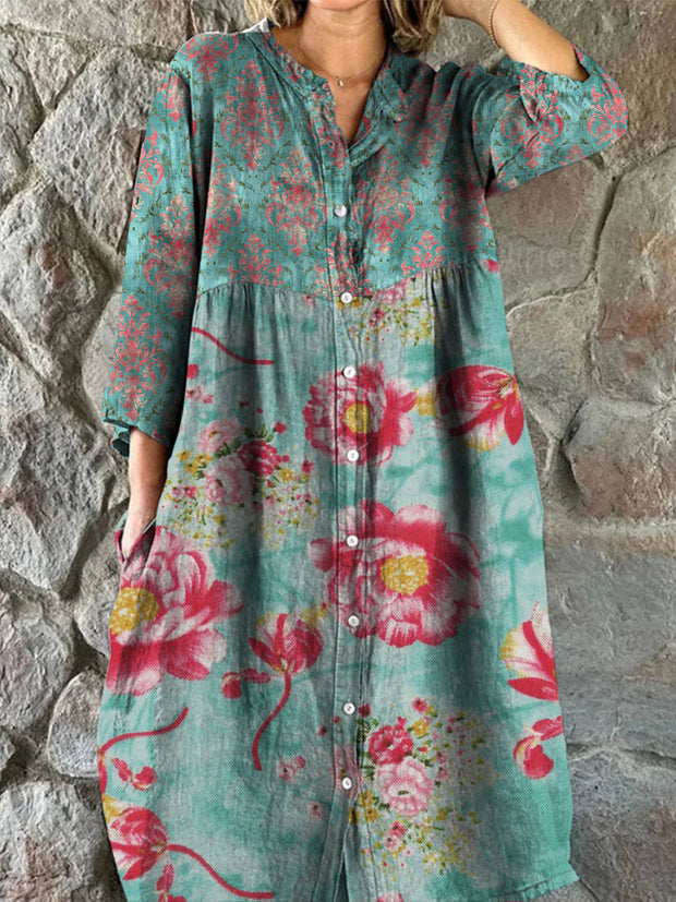 Retro Boho Floral Art Print Vintage Chic V-Neck Button Up Long Sleeve Midi Dress